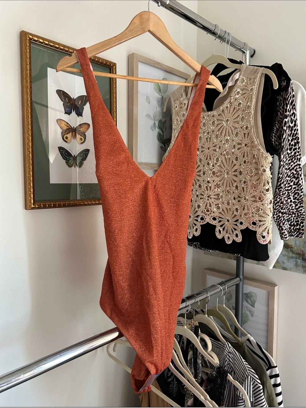 ASOS🍁🍁🍁 14 Sleeveless V-Neck Shimmer Bodysuit in Rusty Orange with gold shimmer